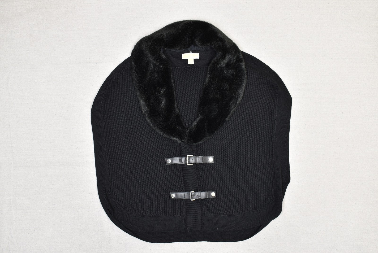 Michael Kors Sweater Cape Womens Large Black Faux Fur Collar Knit Poncho Layer
